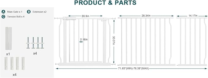 Extra Wide Baby Gate Tension Indoor Safety Gates White Metal Large Pressure Mounted Pet Gate Walk Through Long Safety Dog Gate for The House Doorways Stairs (71.65"-76.38"/182-194CM, White)