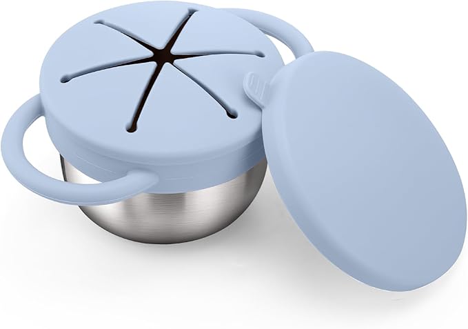 BUSOHA Stainless Steel Toddler Snack Cups - 9 OZ Spill-Proof Baby Snack Containers with Silicone Catcher and Lid Travel Snack Containers for Kids Food Grade Silicone Dishwasher Safe,Blue