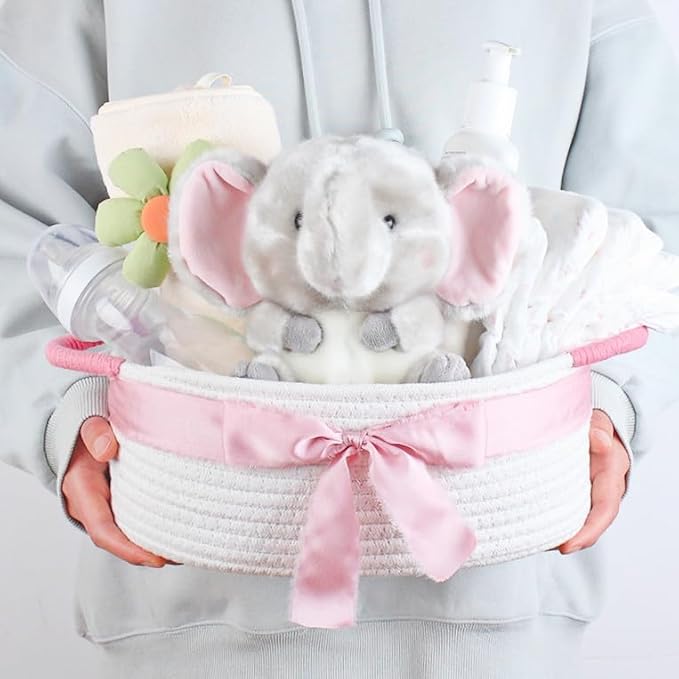 Yimi's Dream Baskets for Gifts Empty, Small Storage Baskets for Shelf, Decorative White Woven Baskets with Pink Handle for Mom, Nursery, Baby Shower, Christmas(Oval, 12"x 8"x 5")