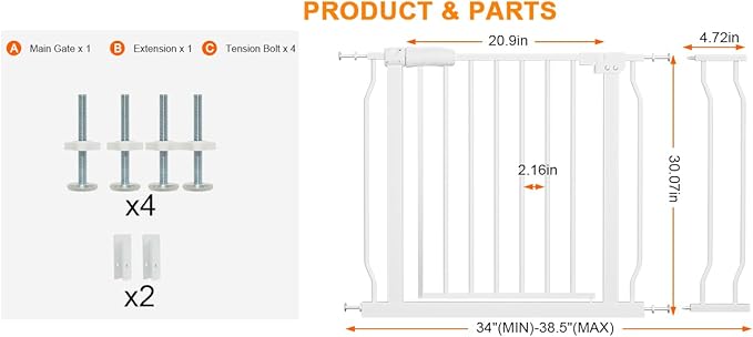 Wide Baby Gate for Stairs Doorways Pressure Mounted Baby Gate Walk Through Child Gates for Kids or Pets Indoor Safety Gates 34 to 38.5 Inch Wide