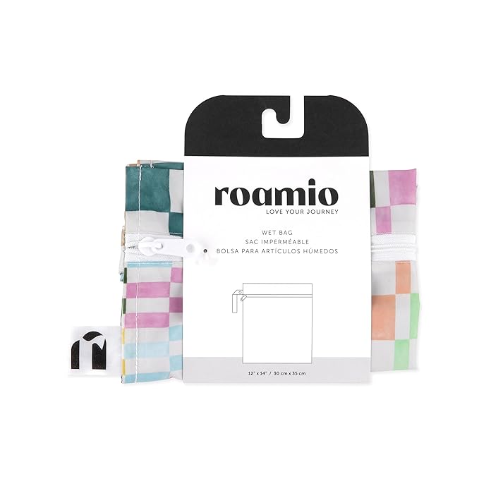 Roamio Waterproof Wet Bag for Baby, Travel, Swim Suit, Cloth Diapers, Pump Parts, Pool, Gym Clothes, Beach, Toiletry, Hook to Stroller, Daycare, Zipper Reusable Bag, Wetdry Packing Pouch, Multi Check
