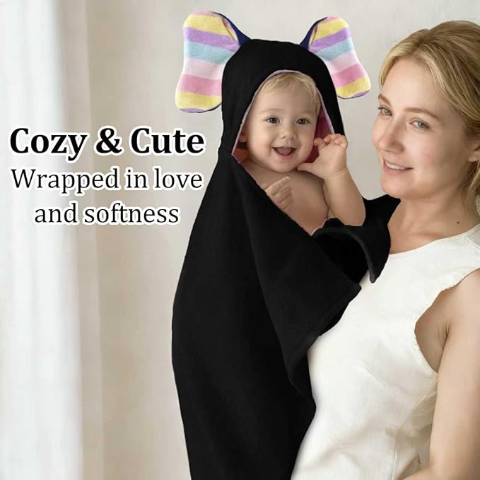 VOOVA & MOVAS Thick Baby Hooded Bath Towel - 100% Cotton,500GSM, 33x31.5 Inches,0-2Years, Super Absorbent Large Towel with Cute Elephant Ears Hood for Newborn, Baby, Infant, Baby Essentials,Black