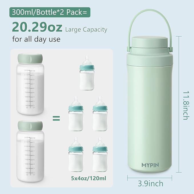 MYPIN 22oz Portable Breast Milk Cooler for Outdoor, 360° Cooling Tubes for 24 Hours with 2pcs Baby Bottles Reusable Storage Container, Larger Capacity Stainless Steel Travel Breastmilk Chiller