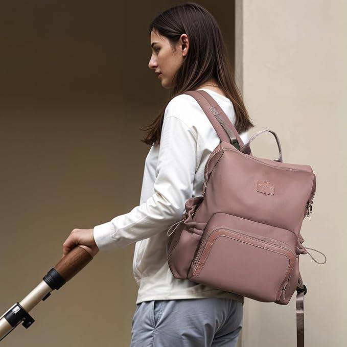 miss fong Diaper Bag Backpack - Baby Diaper Bag Neoprene Bag Large Capacity Neoprene Backpack with Diaper Changing Pad with 12 Pockets for Mom & Dad -Mauve