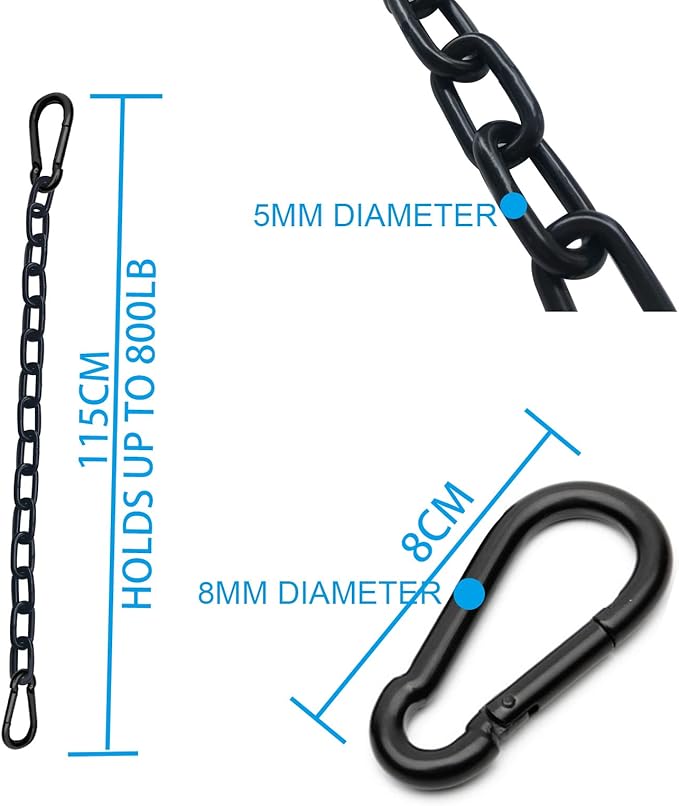 2Pcs Black Heavy Duty Hanging Chains with 4 Carabiners, Chair Hardware for Indoor Outdoor Playground Hanging Chair Hammock Punching Bags 800 LB Capacity (Black Metal Chain-43 Inch-2 Packs)