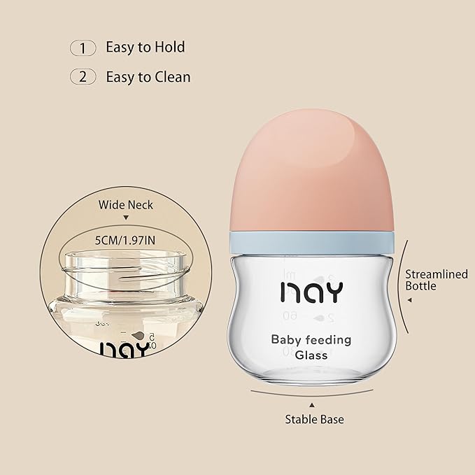 Natural Glass Baby Bottle Wide Neck, Newborn Anti-Colic Baby Bottle, Clear, 3oz(Pack of 2), Includes 2Pcs Slow Flow Nipple(SS), 0 Months+