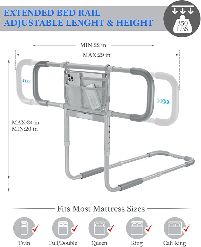 Bed Rails for Elderly Adults Safety, Extended Beds Assist Rail for Seniors with Motion Sensor Light - Adjustable Side Bed Guard Rails Handle Support Bar with Storage Bag, Fit King Queen Full Twin Bed