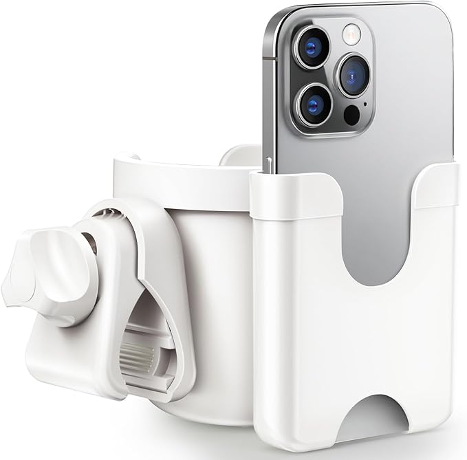 Stroller Cup Holder with Phone Holder, Guiseapue Cup Holder for Walker, Wheelchair/Bike/Rollator/Scooter Stroller Accessories for Uppababy, Nuna, Doona,Baby Travel Essential - White