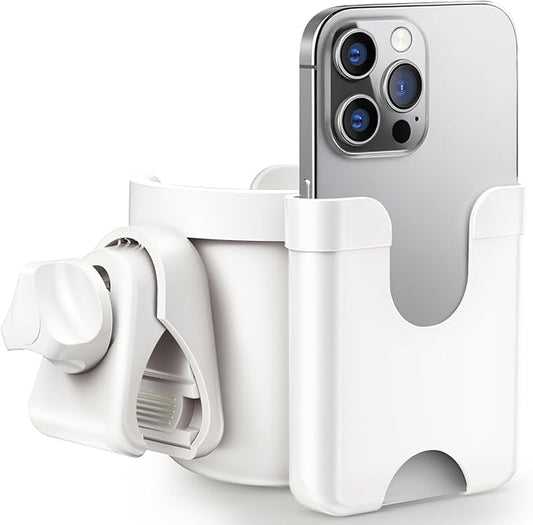 Stroller Cup Holder with Phone Holder, Guiseapue Cup Holder for Walker, Wheelchair/Bike/Rollator/Scooter Stroller Accessories for Uppababy, Nuna, Doona,Baby Travel Essential - White