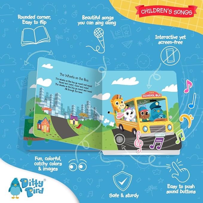 Ditty Bird Musical Books for Toddlers | Fun Children's Nursery Rhyme Book | The Wheels On The Bus Book with Sound | Interactive Toddler Books for 1 Year Old to 3 Year Olds | Sturdy Baby Sound Books