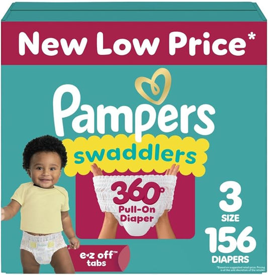 Pampers Diapers - Swaddlers 360° - Size 3, 156 Count, up to 100% Leakproof Comfy Dry Fit, Designed for Easy Changes, Pull On Baby Diaper (Packaging May Vary)