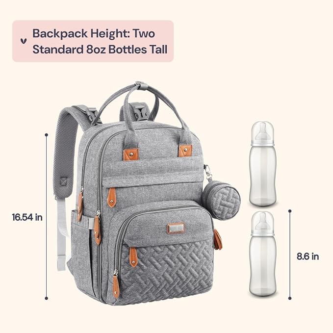 BabbleRoo Diaper Bag Backpack - Baby Essentials Travel Tote - Multi Function Water Resistant Diaper Bag, Travel Essentials Baby Bag with Changing Pad, Stroller Straps & Pacifier Case - Light Gray