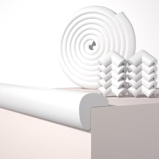 Baby Proof Edge Corner Protector, 16.4FT 0.47''Th L-Shape Furniture Corner & Edge Safety Bumper with 10 Corners, Pre-Taped, Soft NBR Rubber Foam Desk Edge Cushion Wall Corner Protector(White-gray)