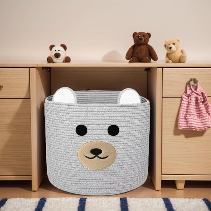Bear Laundry Baskets Laundry Hamper Storage Baskets with Handles,Decorative Basket for Living room,Woven Storage Basket for Toys Bin Pillows Blankets Clothes (Grey)