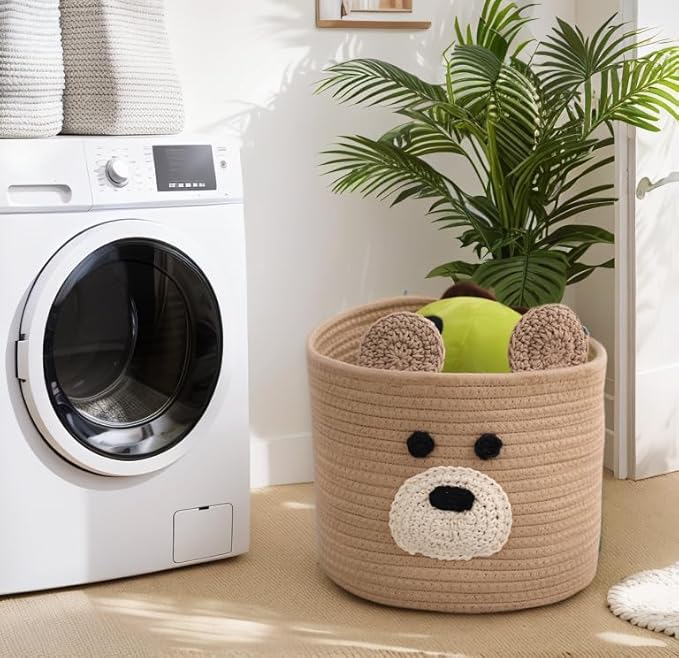 Bear Laundry Baskets Laundry Hamper Storage Baskets with Handles,Decorative Basket for Living room,Woven Storage Basket for Toys Bin Pillows Blankets Clothes (Brown)