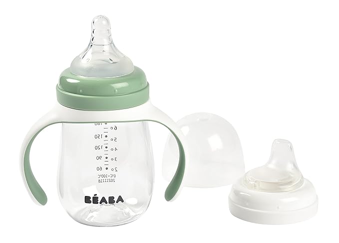 BEABA 2-in-1 Baby Bottle to Transition Sippy Cup, No Spill Sippy Cup, Includes Removable Handles, Silicone Baby Bottle Nipple and Soft Spout, 7 oz (Sage)