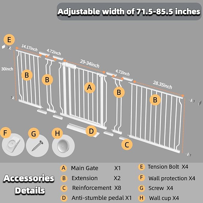 TSAYAWA Baby Gate Extra Wide Fits 71.5-85.8 inch Wide Opening - Dog Pet Gates for Doorways Stairs No Drilling Pressure Mounted - Large Child Safety Gate Indoor Outdoor White