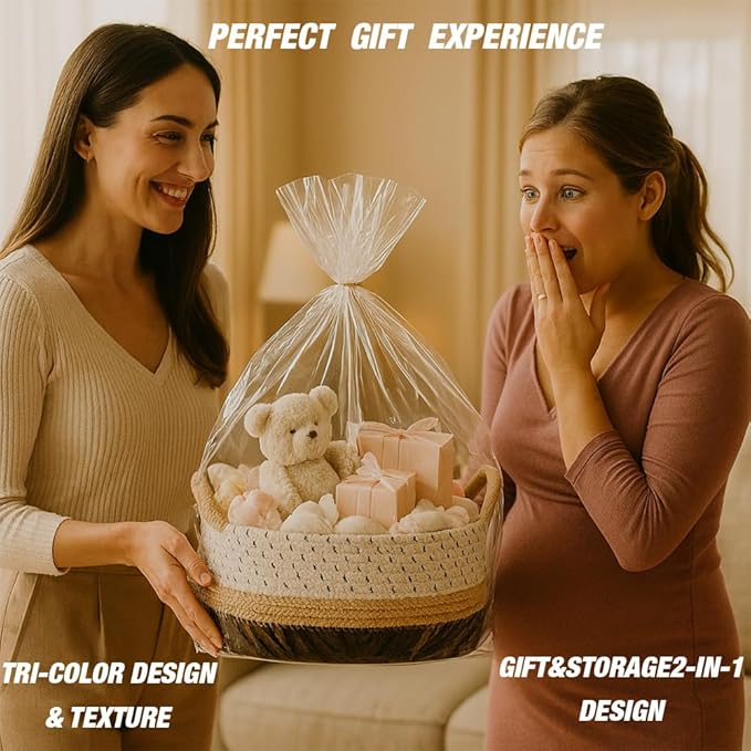 Yimi's Dream Cotton Rope Basket – Woven Gift Basket with Handles, Decorative Storage Basket for Baby Shower, Housewarming, Nursery, Toys, Laundry, Towels