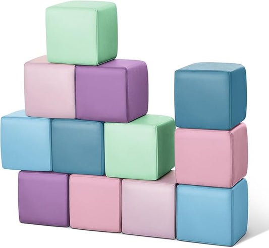 Foam Building Blocks for Toddlers:12-Pieces Wipeable Leather Stacking Cubes Kids - Large Soft Toys Play Set for Learning Construction Baby Preschool Daycare Therapy Birthday Gift (Purple Pink)