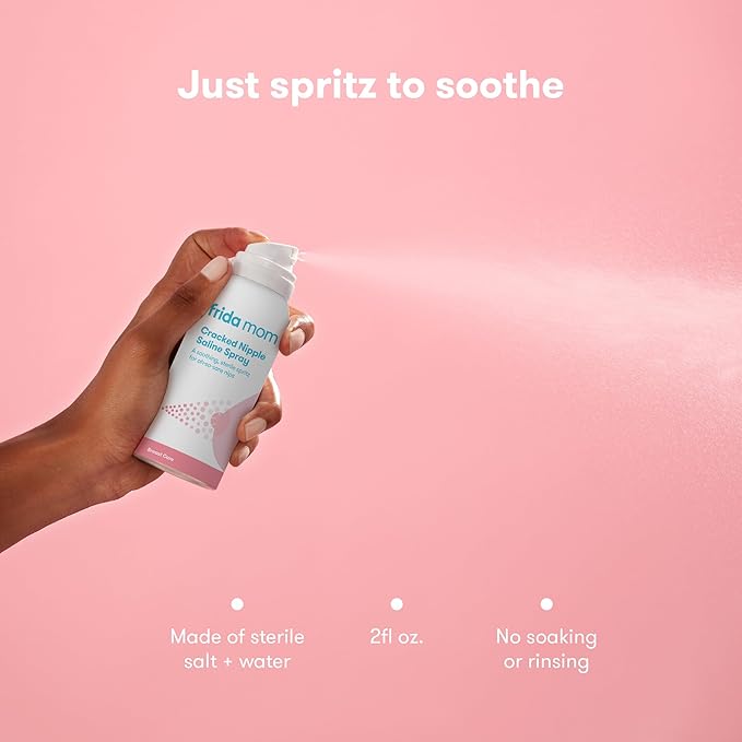 Frida Mom Saline Spray for Cracked Nipples, Breastfeeding Essentials for New Moms, Gentle for Baby and Mom, Spray to Heal Sore, Cracked Nipples, 2 fl oz
