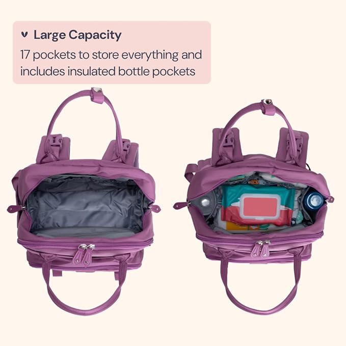 BabbleRoo Diaper Bag Backpack - Baby Essentials Travel Tote - Multi Function Water Resistant Diaper Bag, Travel Essentials Baby Bag with Changing Pad, Stroller Straps & Pacifier Case - Unisex, Purple