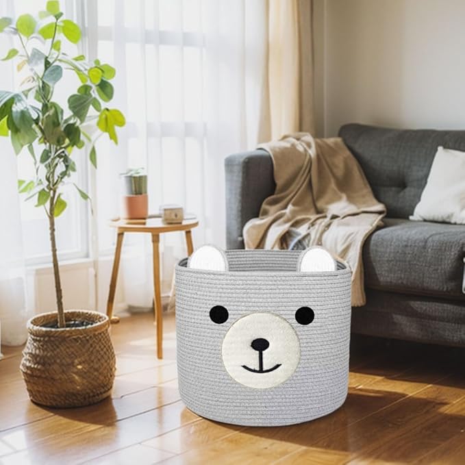 Bear Laundry Baskets Laundry Hamper Storage Baskets with Handles,Decorative Basket for Living room,Woven Storage Basket for Toys Bin Pillows Blankets Clothes (Grey - Version 2)