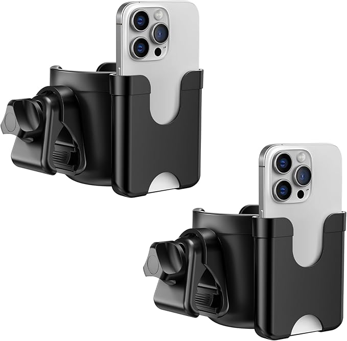 Guiseapue 2 Packs Cup Holder for Walker: Stroller Cup Holder Attachment with Phone Holder, Wheelchair/Stroller Accessories for Uppababy, Nuna, Doona, Bike, Scooter, Baby Travel Essential