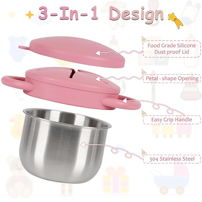 2 Pack 304 Stainless Steel Snack Cups for Toddlers, Toddler Snack Containers with Spill-Proof Silicone Travel Lid & Handle, Dishwasher Safe, Removable Snack Cup for Baby, Toddler, Kids