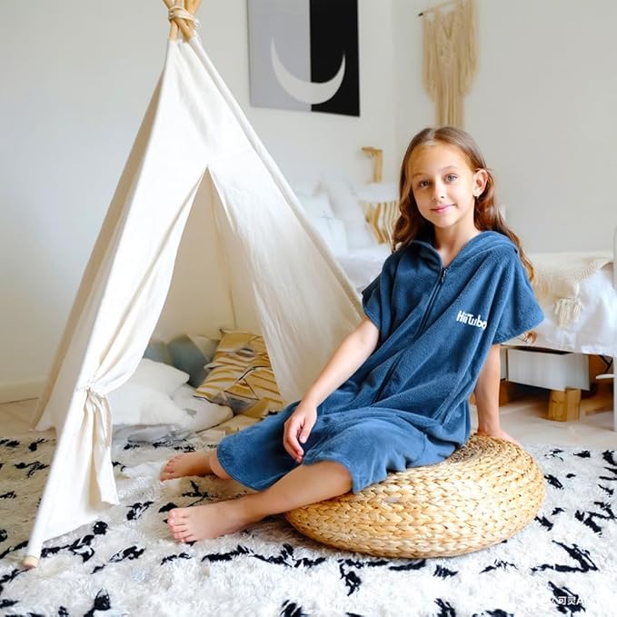 Hiturbo Kids Bath Towel Hoodie: Absorbent Quick Dry Zipper Surf Poncho - Changing Towels Swimming Outerwear (Navy)