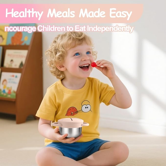 Mity rain 2-Pack Stainless Steel Snack Containers for Toddlers with Spill-Proof Silicone Lids & Handles - 3-in-1 Baby Snack Cups, No-Spill Toddler Snack Box, Perfect for On-the-Go Healthy Eating