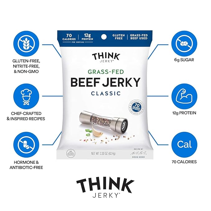 Think Jerky Beef and Turkey Jerky Variety, Original, Sweet Chipotle, Sriracha Honey, Sesame Teriyaki, Healthy Meat Snack, Low Calorie Low Fat - 2.2 oz Bags, 4 Pack, 1 of Each