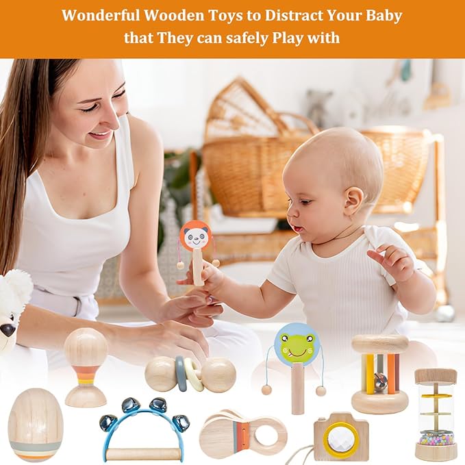 10 PCS Wooden Baby Toys Set-Organic Infant Rattles Newborns 0-6 Month & Montessori-Inspired Musical Instruments for 0-12 Month - Natural Toddler Developmental Toys