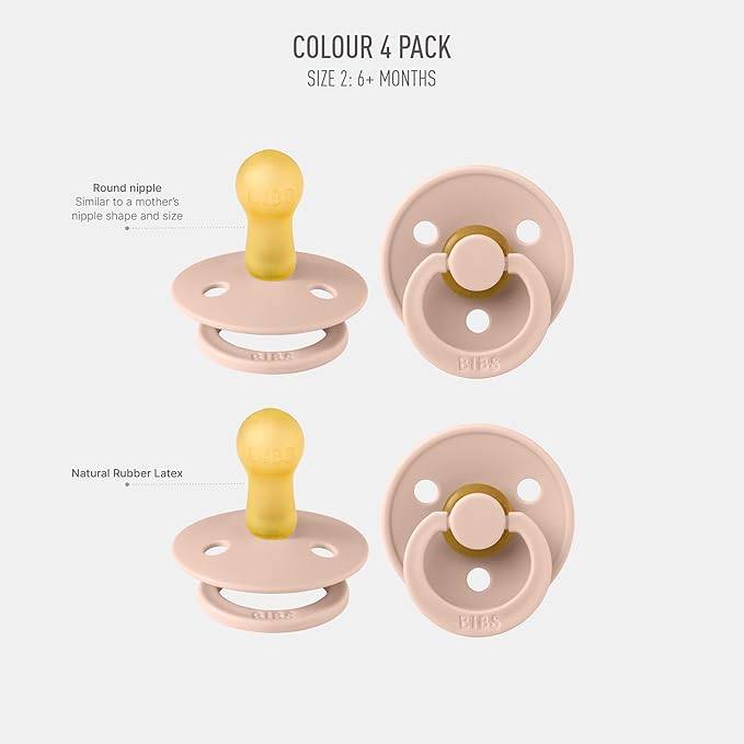 BIBS Pacifiers - Colour 4-Pack | BPA Free Baby Pacifier | Round Nipple Binkies | Natural Rubber Latex Soother | Made in Denmark | Size 6-18 Months | Blush
