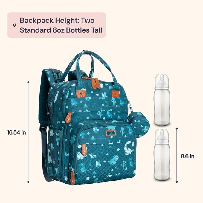 BabbleRoo Diaper Bag Backpack - Baby Essentials Travel Tote - Multi Function Water Resistant Diaper Bag, Travel Essentials Baby Bag with Changing Pad, Stroller Straps & Pacifier Case - Unisex, Dino