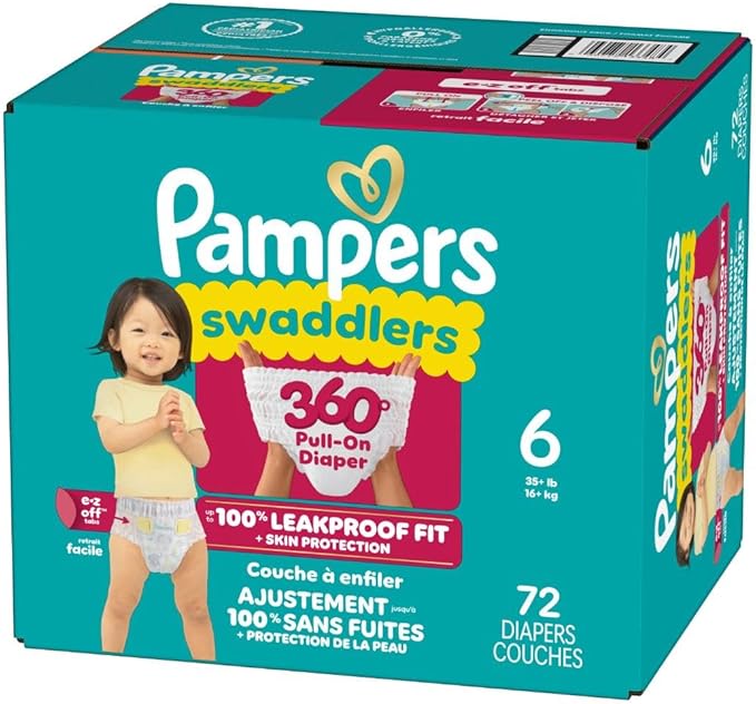 Pampers Diapers - Swaddlers 360° - Size 6, 72 Count, up to 100% Leakproof Comfy Dry Fit, Designed for Easy Changes, Pull On Baby Diaper (Packaging May Vary)
