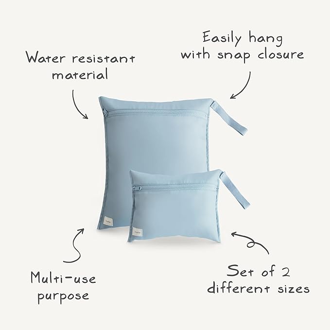 mushie Water Resistant Wet Bags | Large & Small Reusable Storage Bag for Baby Items and Travel | Zippered Pockets with Handle | Machine Washable, Set of 2 (Happy Flowers Check)