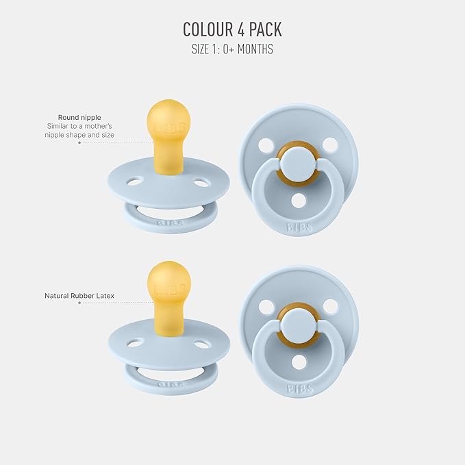 BIBS Pacifiers - Colour 4-Pack | BPA Free Baby Pacifier | Round Nipple Binkies | Natural Rubber Latex Soother | Made in Denmark | Size 1 (0-6 Months) | Baby Blue