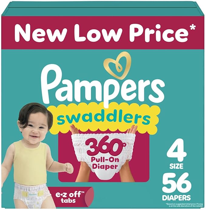 Pampers Diapers - Swaddlers 360° - Size 4, 56 Count, up to 100% Leakproof Comfy Dry Fit, Designed for Easy Changes, Pull On Baby Diaper (Packaging May Vary)