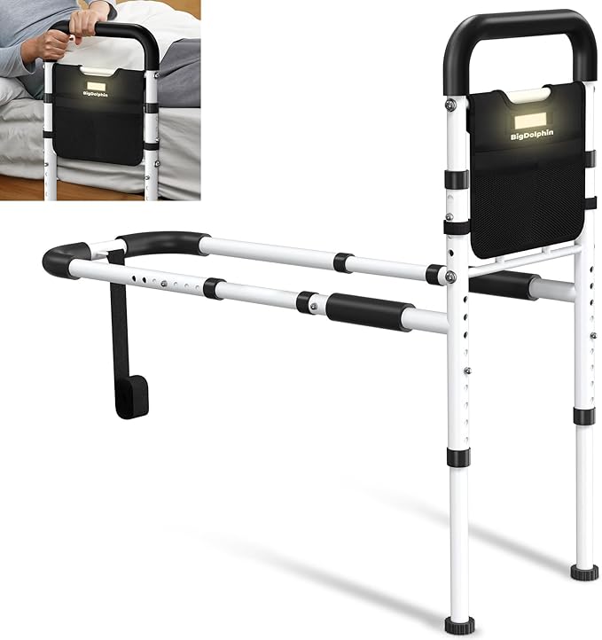 Bed Rails - ASTM Certified Adjustable Bed Cane with Motion Sensor Light, Non-Slip Ergonomic Handle & Storage Pocket, 350LBS Stable Bed Assist Rails for Seniors, Tool-Free, 2026 Upgrade