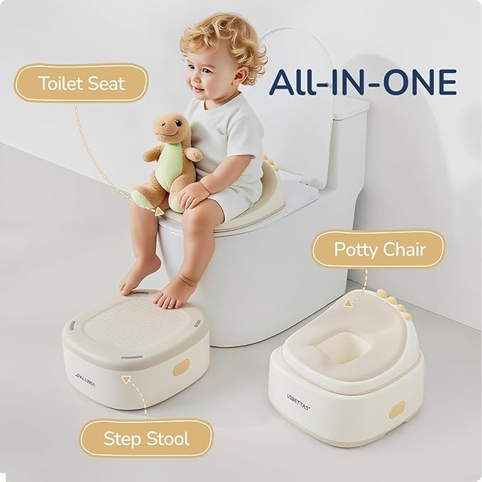 3 in 1 Potty Training Toilet, Dinosaur Toddler Potty Training Seat for Boys Girls with Comfortable Cushion, Easy-to-Clean and Anti-Slip Potty Training Step Stool for Toilet (Beige)