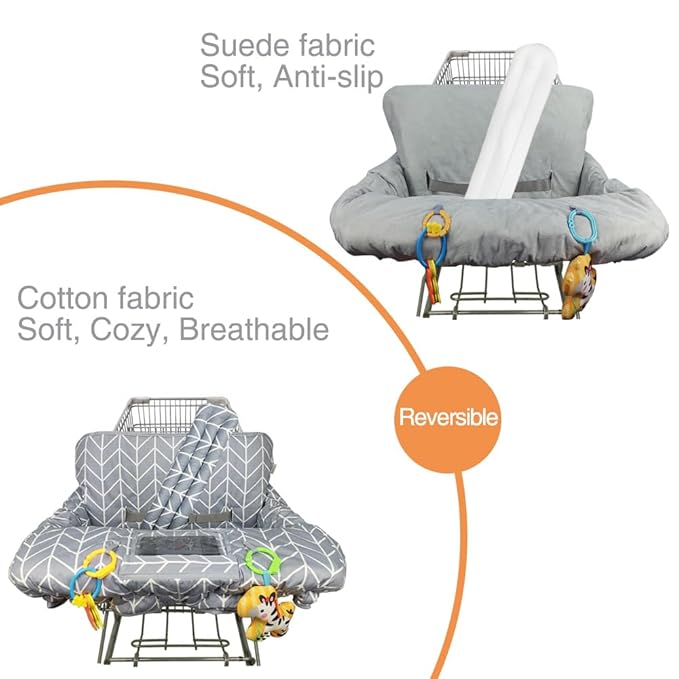 ICOPUCA Shopping Cart Cover for Baby, 2 in 1 cart Cover for Babies N high Chair Cover, Padded Grocery cart seat Cover for Baby Girl boy, with 1” Thick/Removable/Reversible Cushion, Grey;