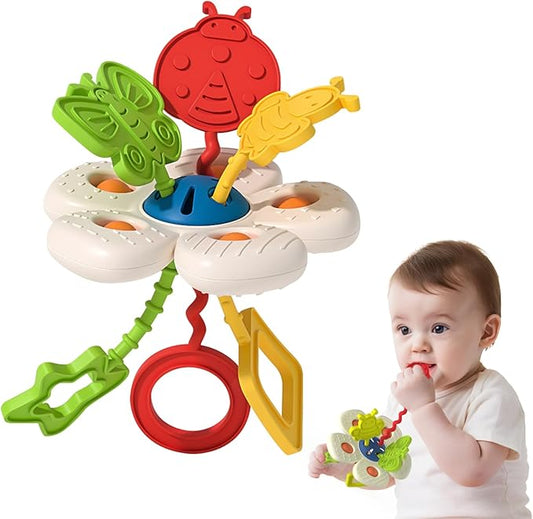 Baby Sensory Montessori Toy for 6-12-18 Months, Soft Silicone Popper Pull String Teething Travel Toys for Car Seat, Toddler Learning Early Develop for Infant 1 2 Boys Girls Christmas Birthday Gifts