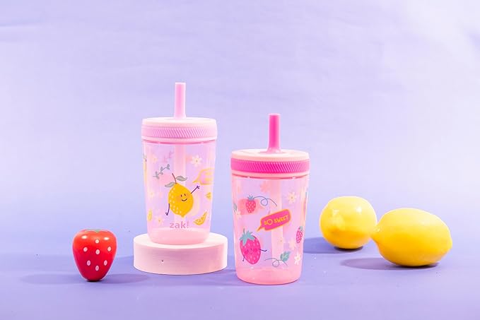 Zak Designs Kelso Toddler Cups For Travel or At Home, 15oz 2-Pack Durable Plastic Sippy Cups With Leak-Proof Design is Perfect For Kids (Sweet Berry, Lemon Zest)