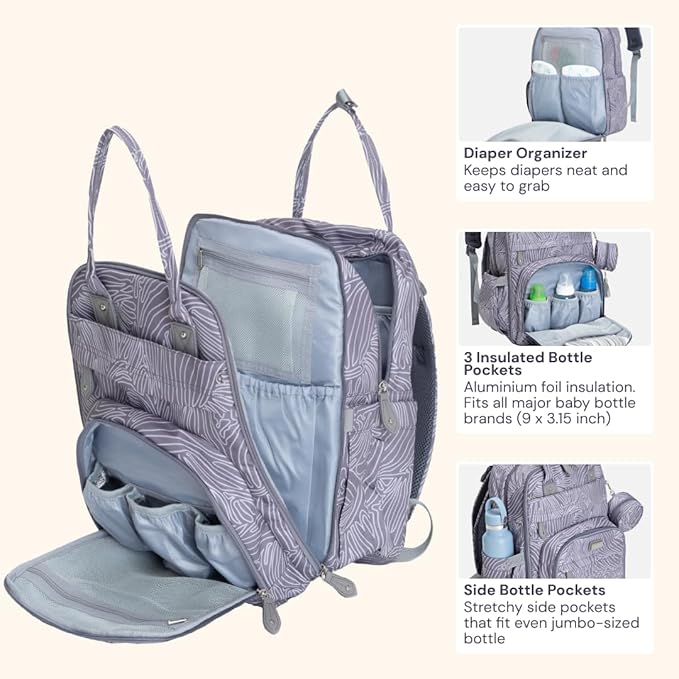 BabbleRoo Diaper Bag Backpack - Baby Essentials Travel Tote - Multi Function Water Resistant Diaper Bag, Travel Essentials Baby Bag with Changing Pad, Stroller Straps & Pacifier Case - Grey Swirls