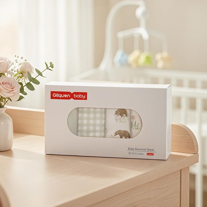 Gllquen Baby Bassinet Sheets 4 Pack, Breathable Cozy Fitted Mattress Sheet, Elastic Travel Crib Fashionable Pattern, Standard Cradle Safe Sheets for Baby Boys Girls 32"x16"(Forest Tale)