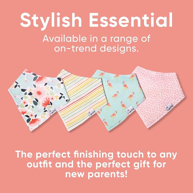 Copper Pearl 4 Pack Soft Cotton Baby Bibs for Drooling and Teething, Absorbent Drool Bibs for Baby Girl and Boy, Adjustable to Fit Newborns to Toddlers, Tons of Styles (Leilani)
