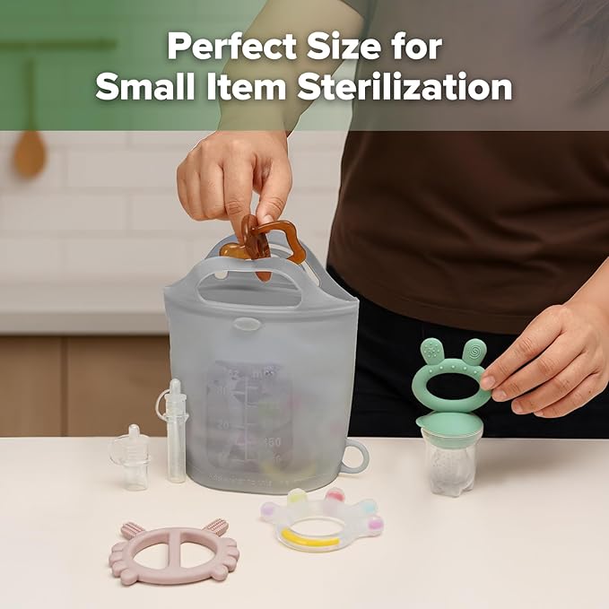 Haakaa Silicone Travel Microwave Steamer & Steriliser Bag, 30oz/900ml Reusable Silicone Steaming Bags for Baby Small Items, Pacifiers, Teethers or Baby Cups, Great for Home and On-The-Go, Grey/1PC