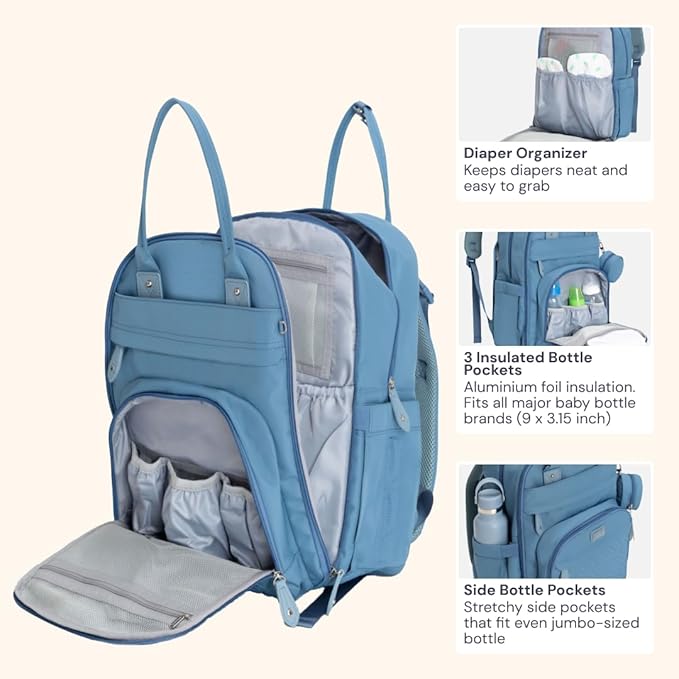 BabbleRoo Diaper Bag Backpack - Baby Essentials Travel Tote - Multi function Water Resistant Diaper Bag, Travel Essentials Baby Bag with Changing Pad, Stroller Straps & Pacifier Case - Light Blue