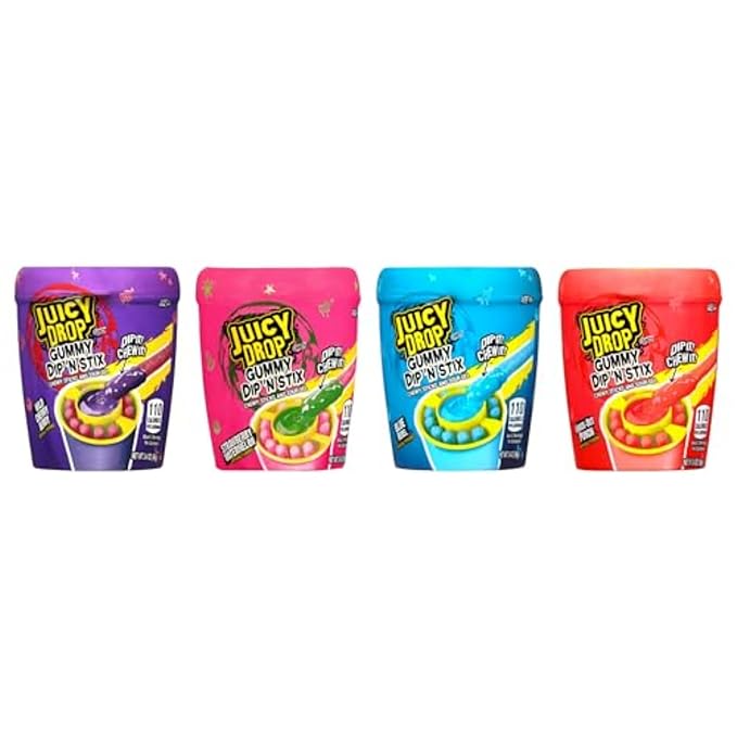 Juicy Drop Gummy Dip 'N Stix Assorted Candy Variety Pack, Sweet Gummy Sticks W/ Sour Dipping Gel, 8 Pack, Assorted For Kids Parties and Party Favors, Sour Candy Variety for Kids