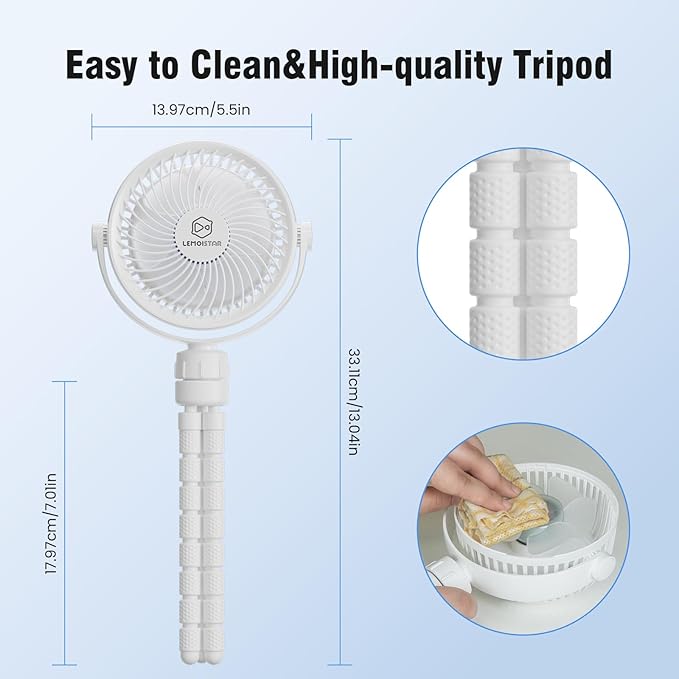 Small Battery Operated Clip-on Versatile Fan with Flexible Tripod, 5000 mAh Portable Stroller Fan, Rechargeable Desk Fans, 4 Speeds, Max 26 hours, USB Powered,360°Rotation, for Car, Camping Outage